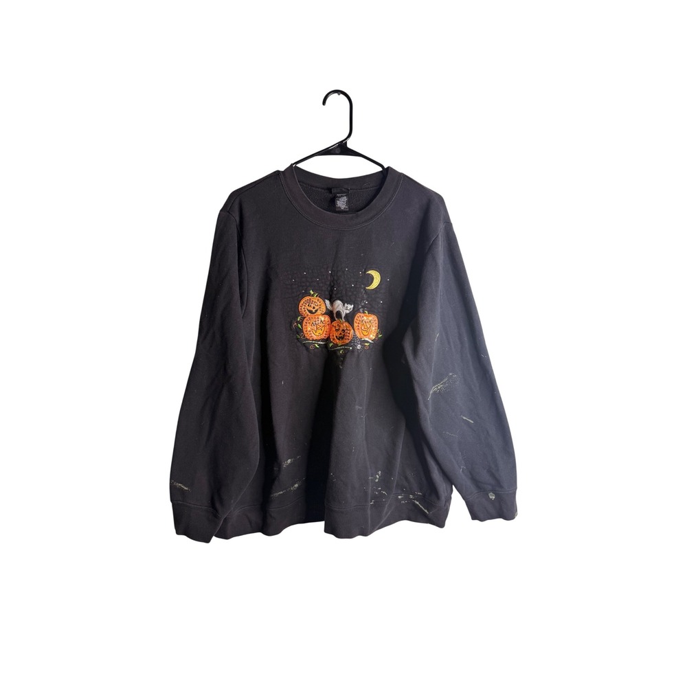 Vintage Halloween Pumpkin Crewneck Sweatshirt 2X Black Cat Holiday Editions Top